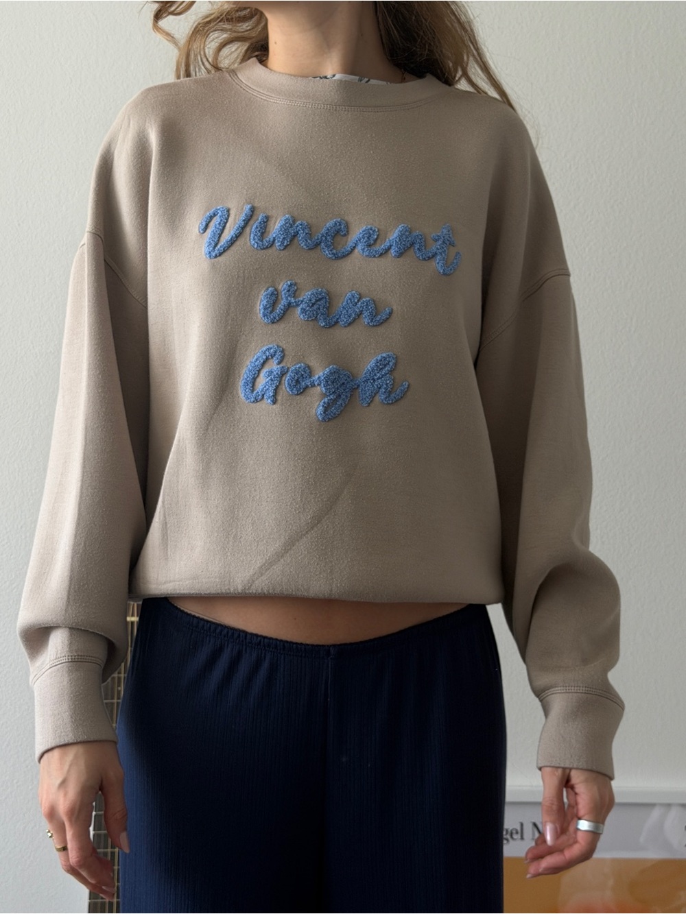 H&M Beige Crewneck Sweatshirt with Blue Chenille Script